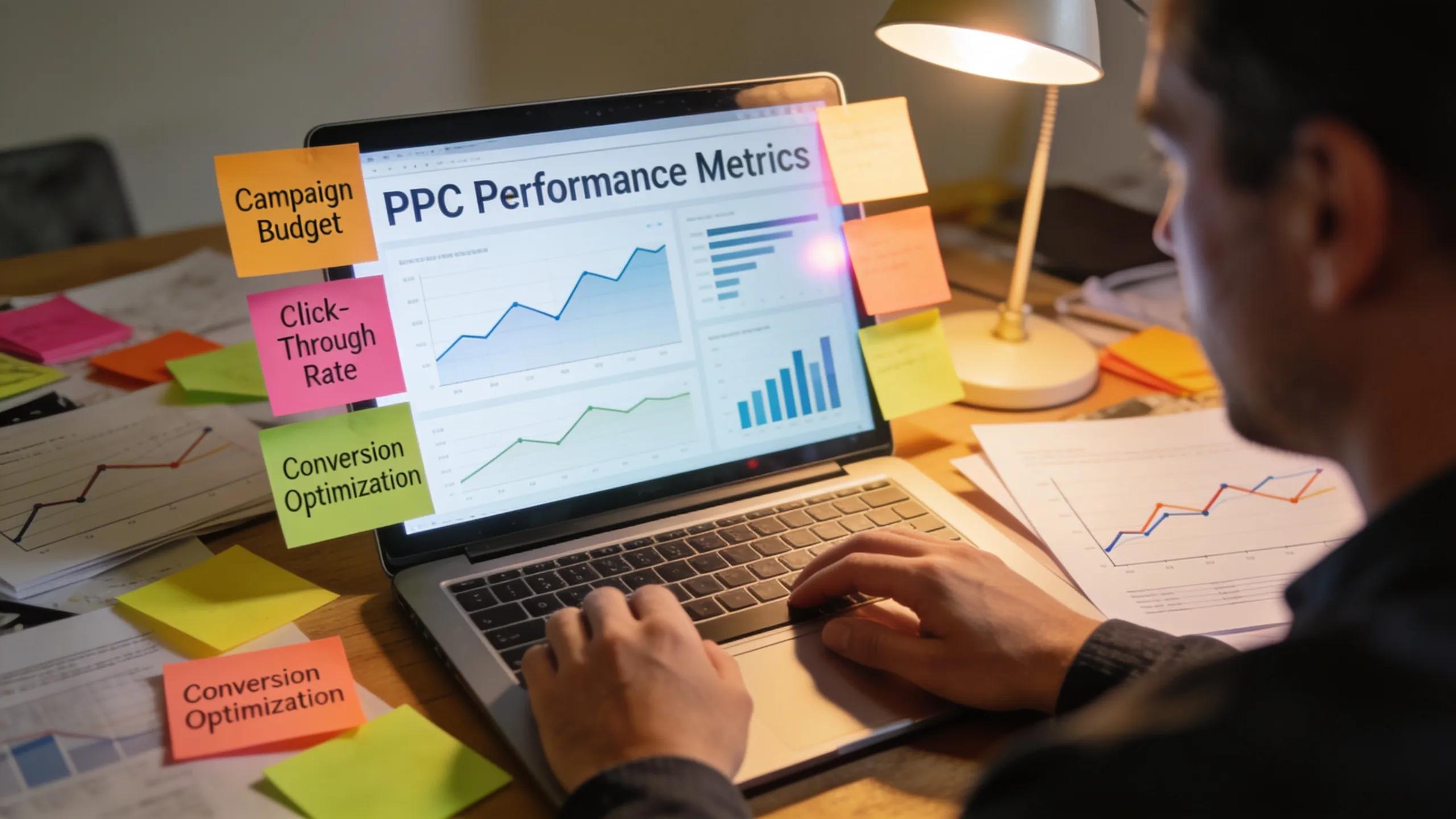 A coach analyzing PPC performance metrics on a laptop in a strategizing environment