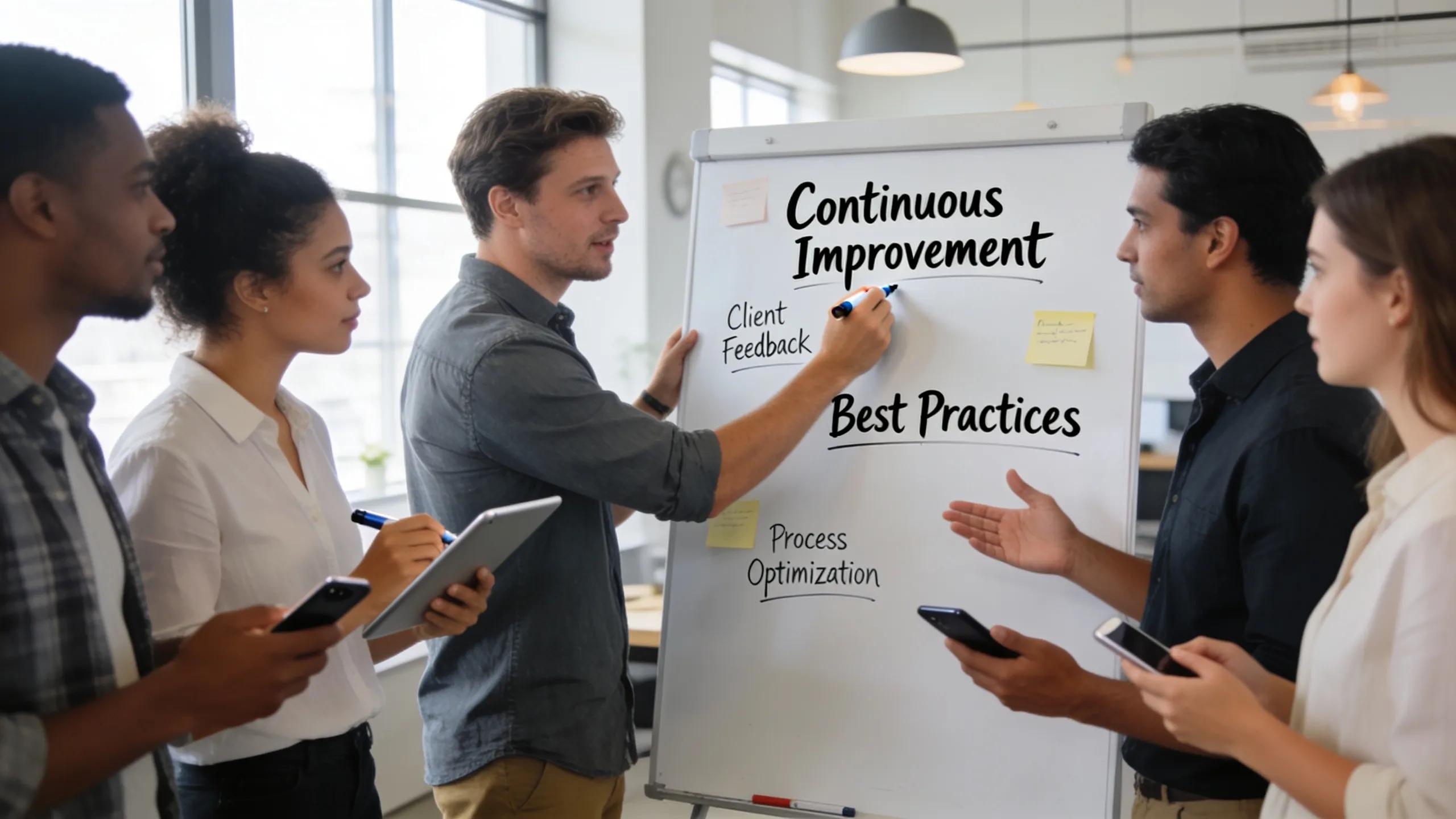 Coaches collaborating and brainstorming PPC best practices in a creative workspace