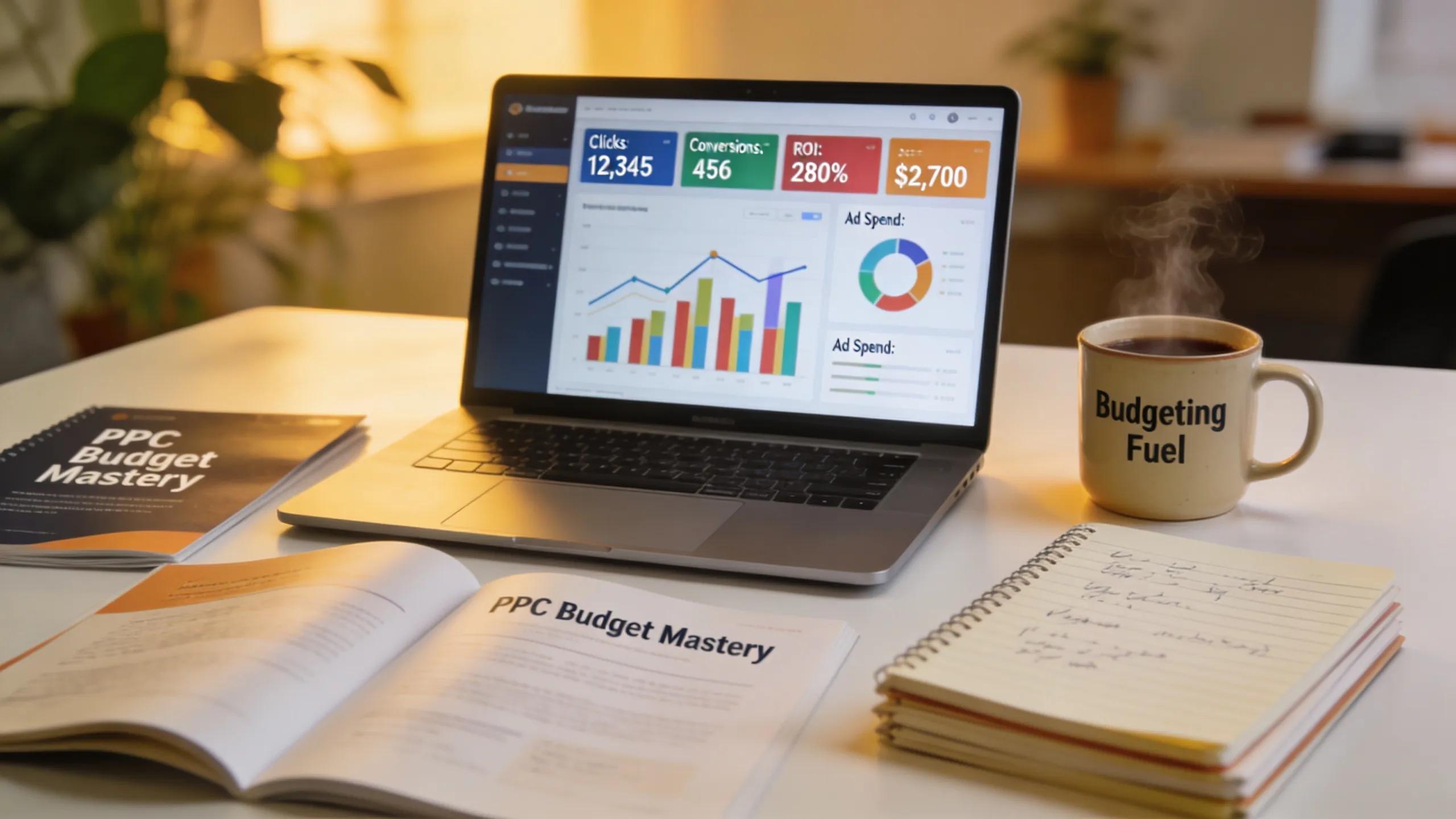 Laptop with PPC campaign performance dashboard surrounded by coaching materials, emphasizing budget allocation techniques