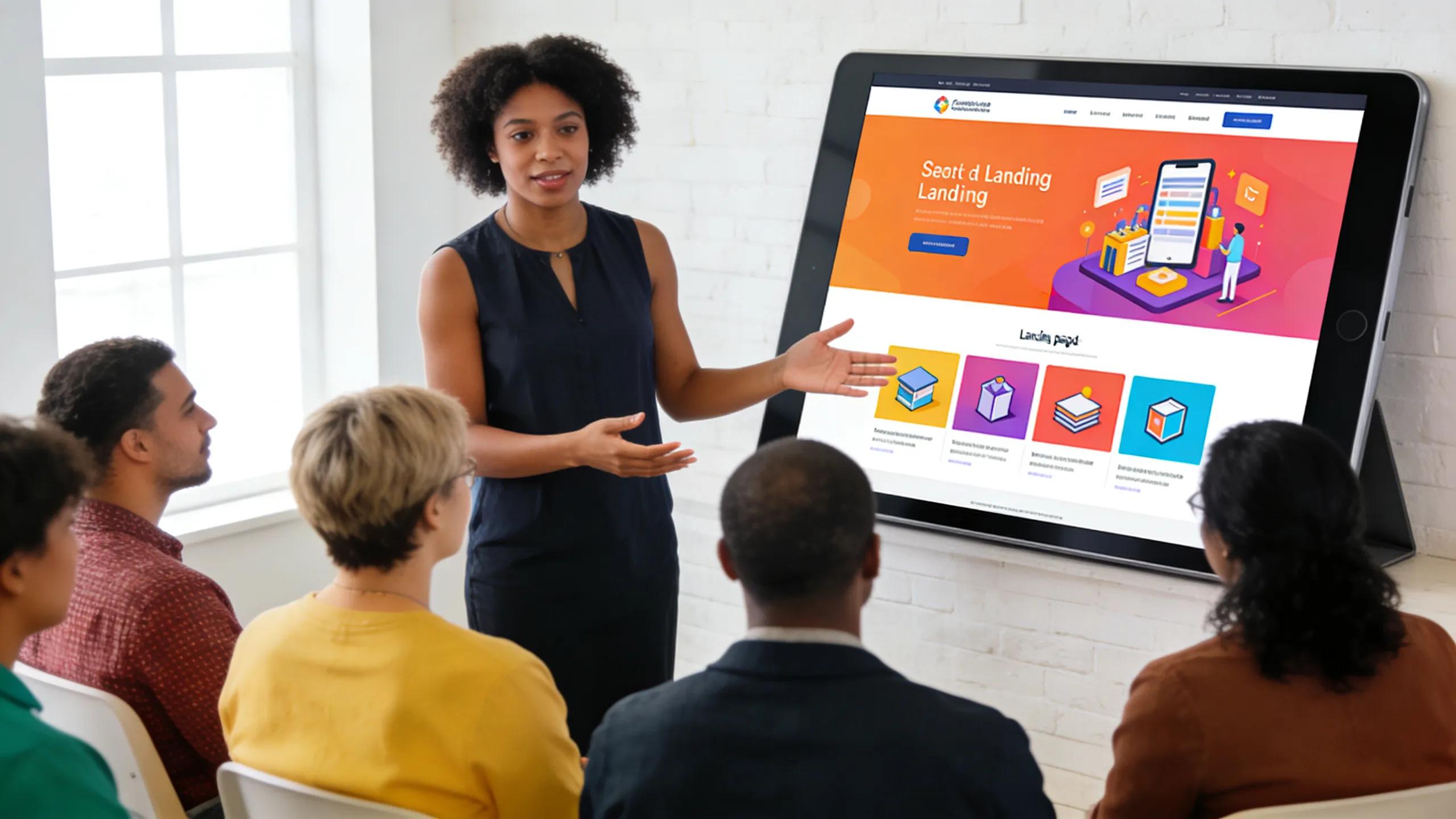Illustration of a well-designed landing page being discussed by a coach
