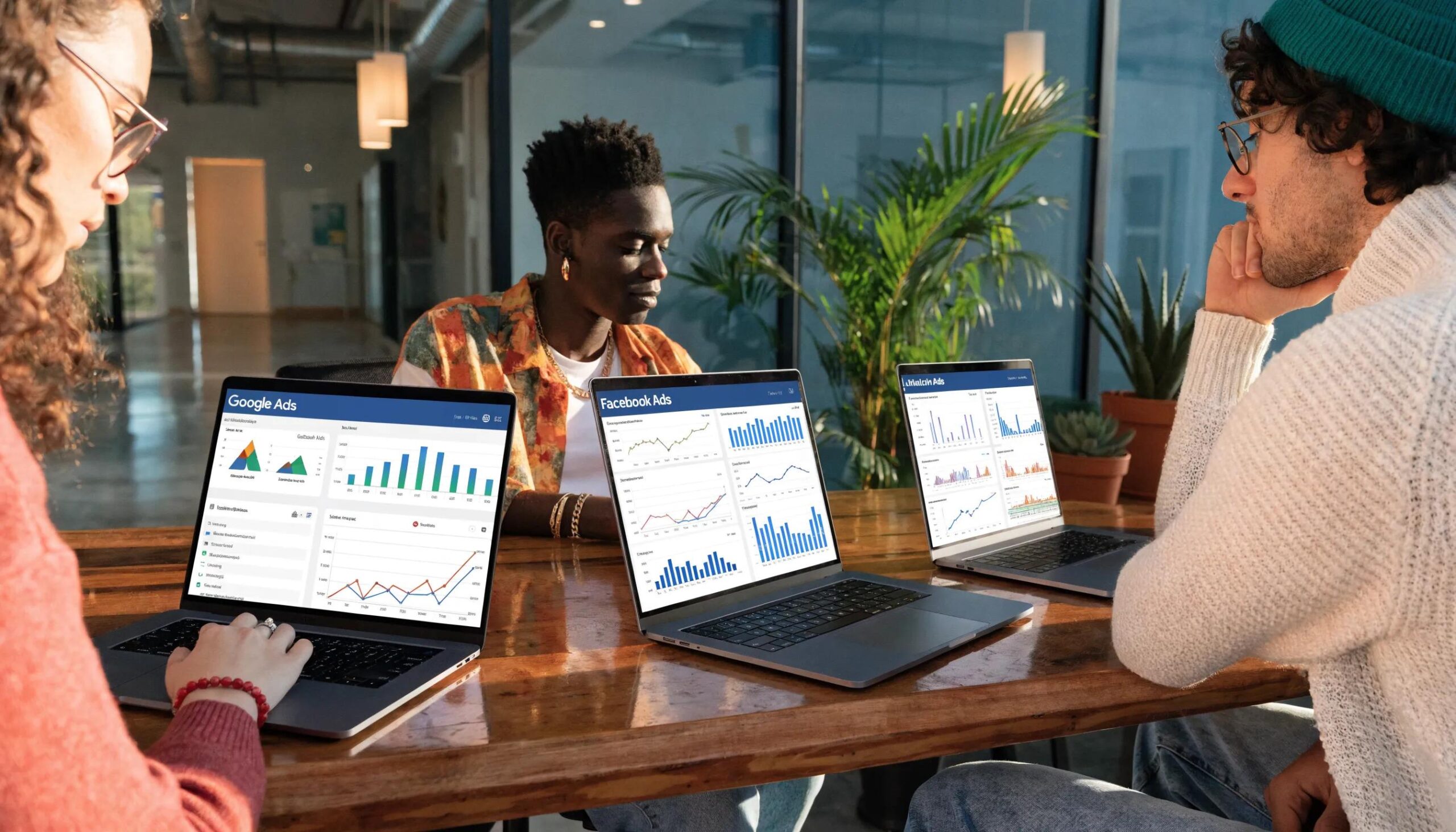 Comparison of Google Ads, Facebook Ads, and LinkedIn Ads displayed on laptops
