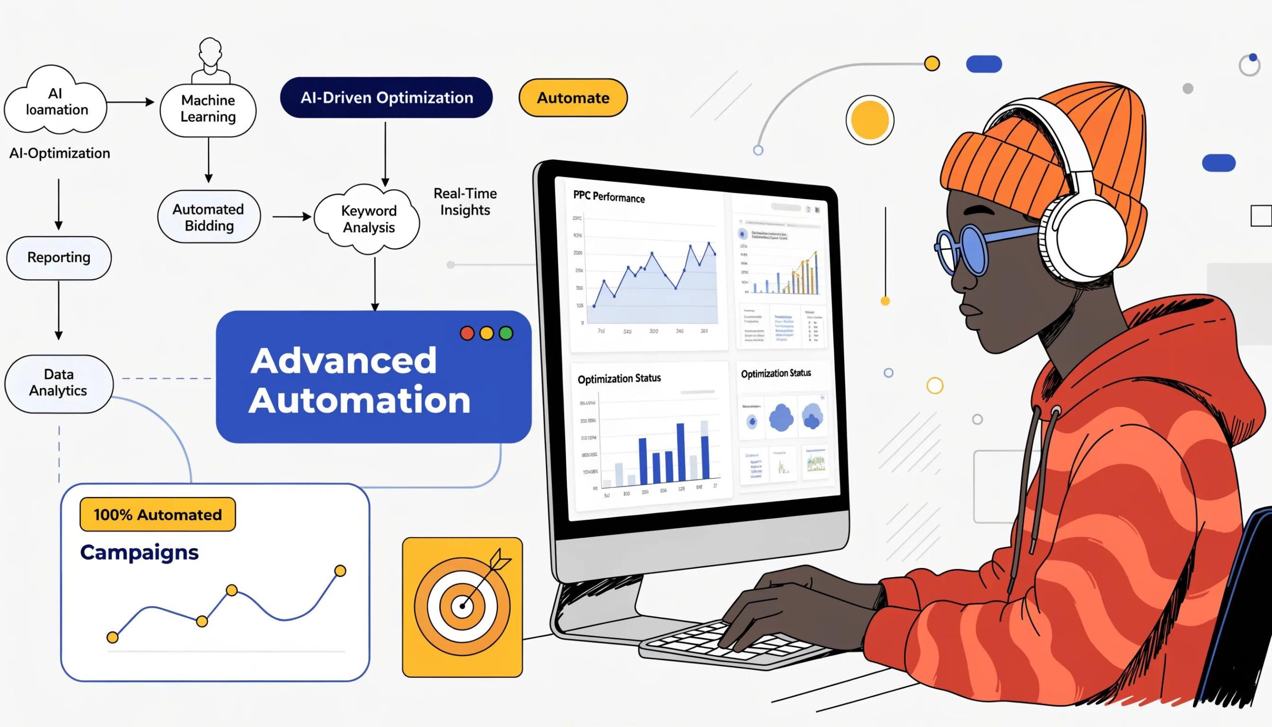 Marketer analyzing data for PPC campaign optimization with machine learning graphics