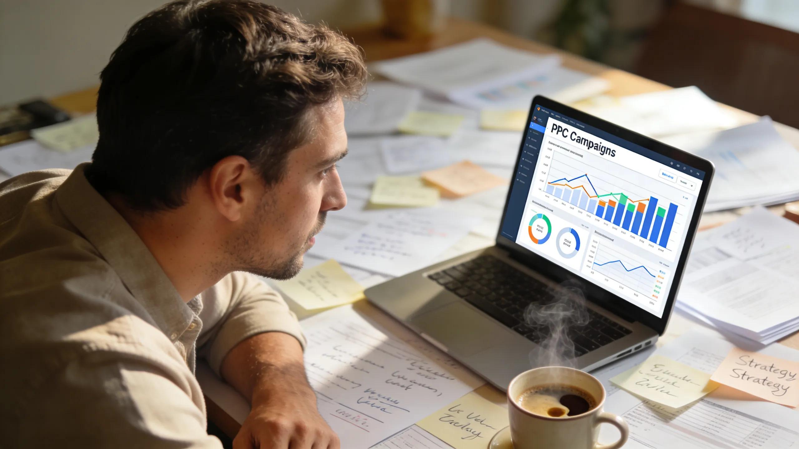 Close-up of a coach analyzing PPC metrics on a laptop amidst planning materials