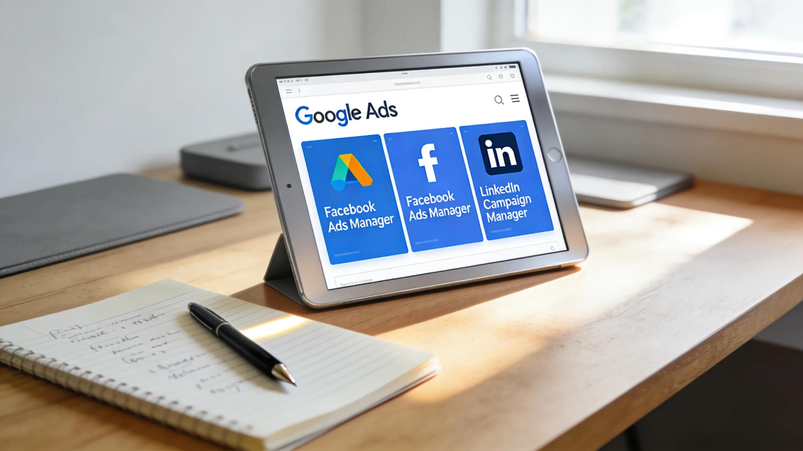 Tablet showing top ad platforms for coaching programs on a desk with planning materials
