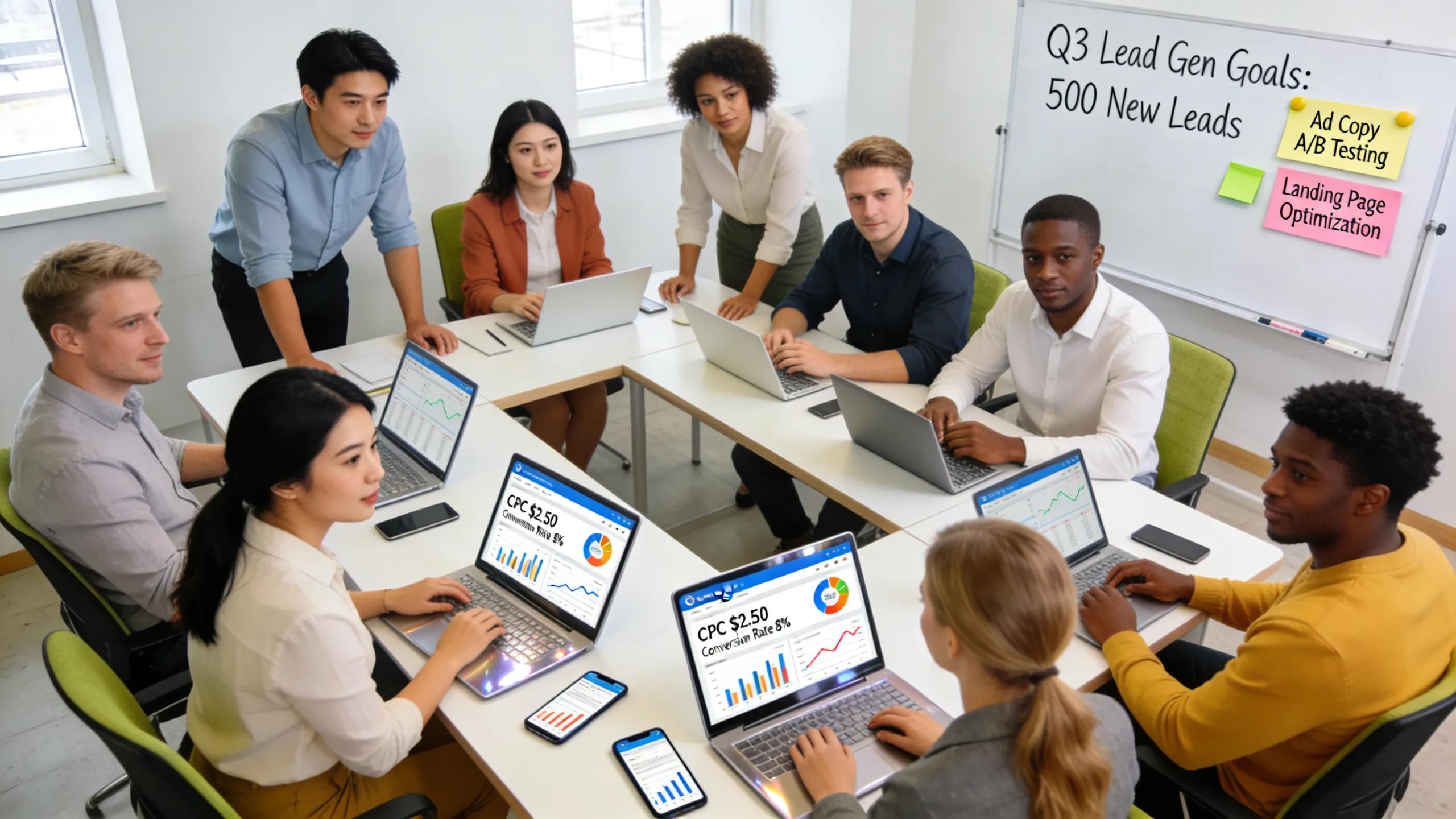 Group of professionals discussing PPC advertising strategies in a modern office