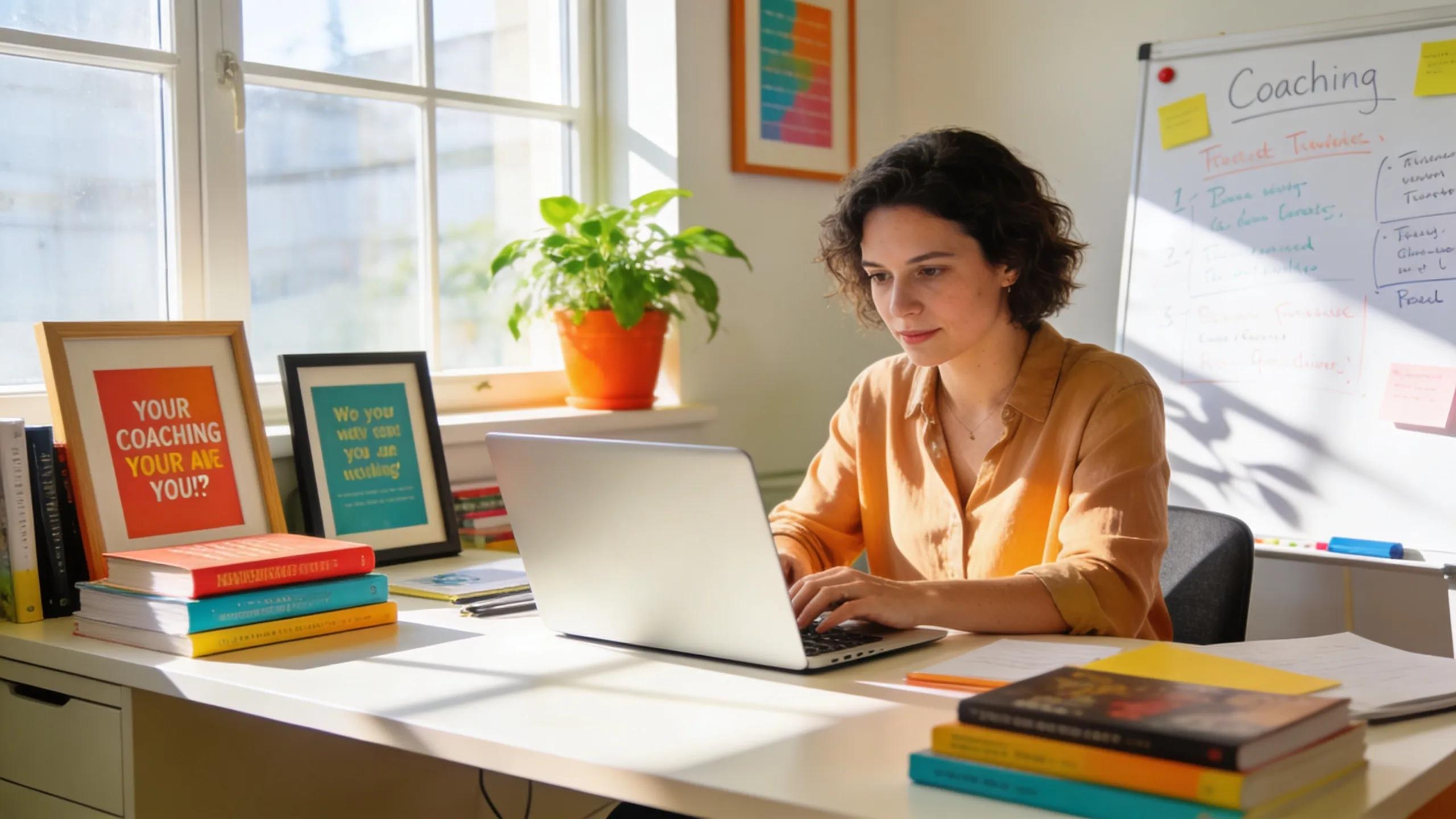 Coaching professional working on PPC strategies in a bright office, showcasing tools of the trade